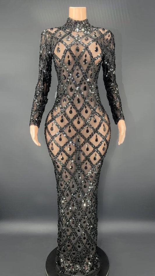 Sparkly Big Rhinestone Transparent Long Dress