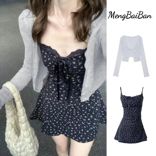 Blue Suspender Floral Mini Dress + Cardigan Set