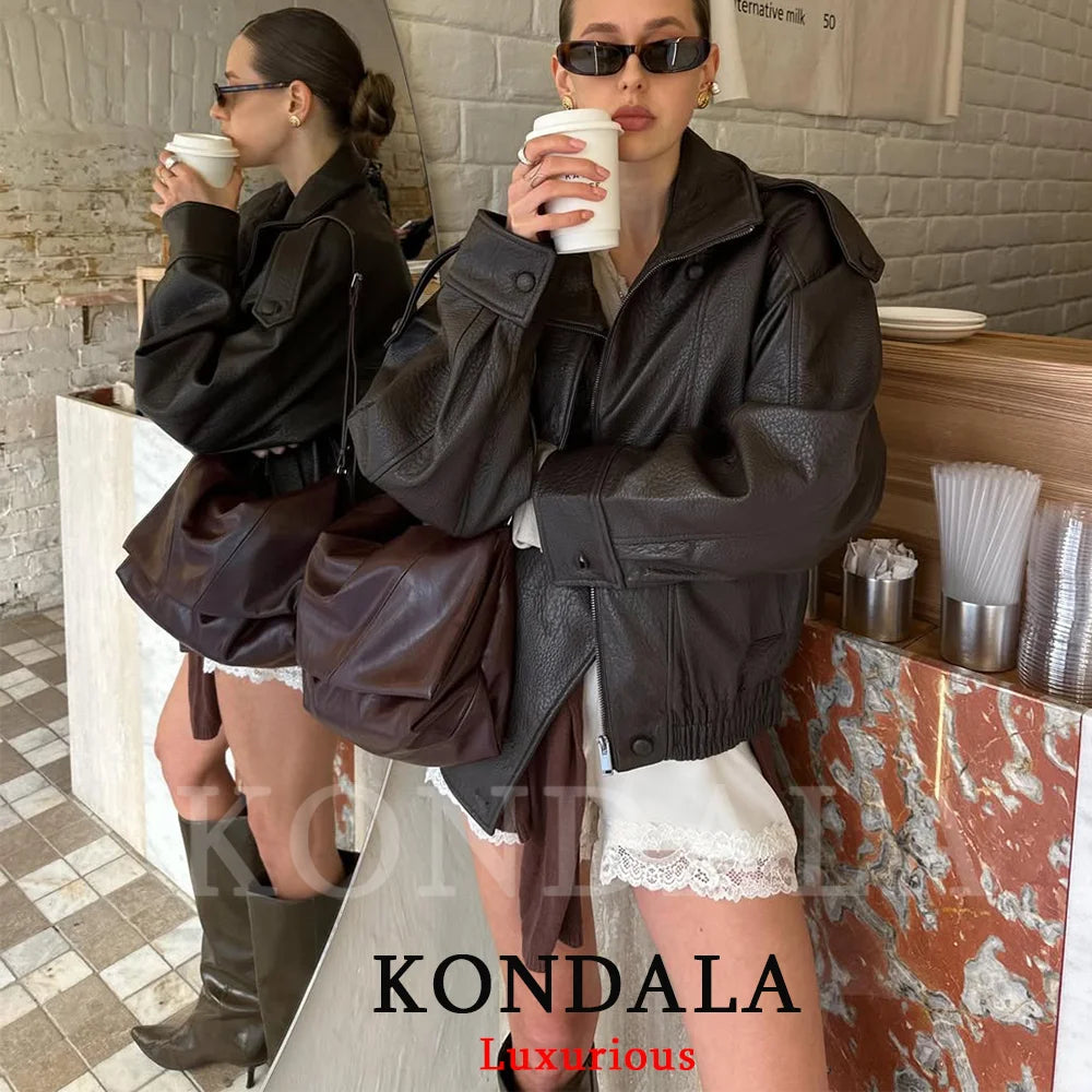 KONDALA Casual Chic Black Leather Jacket
