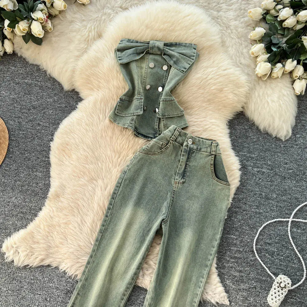 Denim Button Pocket Strapless Top Zipper Empire Waist Full Length Flare Pants Set