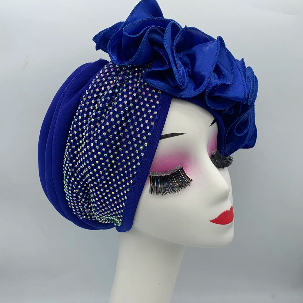 Full Body Rhinestones Mesh Women's Turban Cap Cross Twist Female Headscarf Bonnet African Head Wraps Lady Headwear Indian Hat
