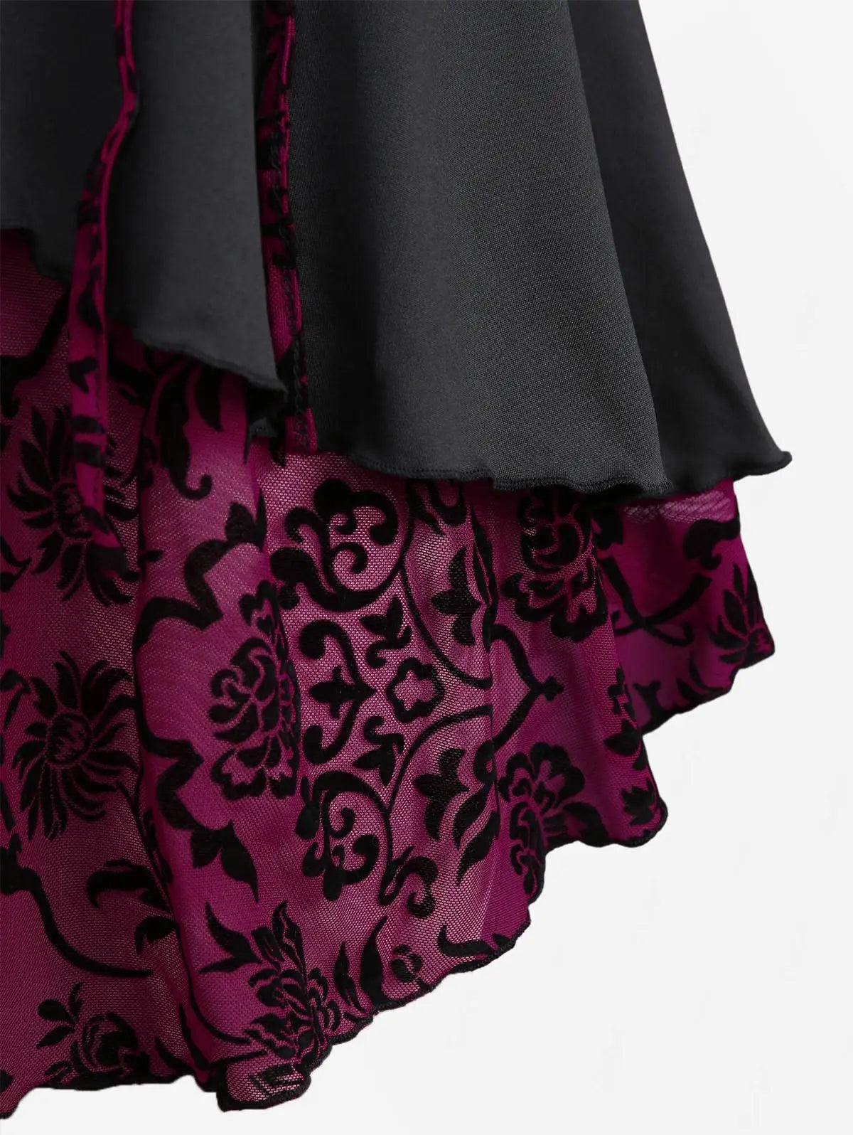 Floral Flocking Tulip Hem Layered Ruffles Lace Up Ruched Heart Buckles Tank Top