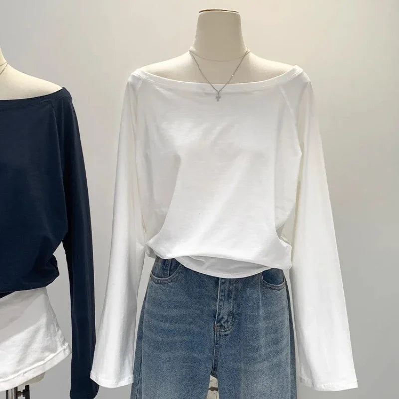 One Shoulder Cotton Slant Shoulder Long Sleeve Top