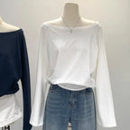 One Shoulder Cotton Slant Shoulder Long Sleeve Top