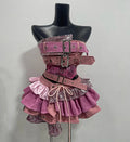 Preppy Style Vintage Red Denim Bustier Tops + Sweet Spicy Pure Design Mini Cake Skirt Set