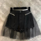 Black Mesh Panel Distressed Denim Shorts