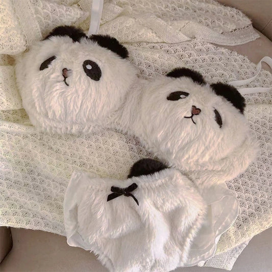 Cartoon Furry Panda Shape 2Pcs Women's Plush Bras and Panty Set Young Lady Japanese Lolita Style Underwear for Cosplay Party