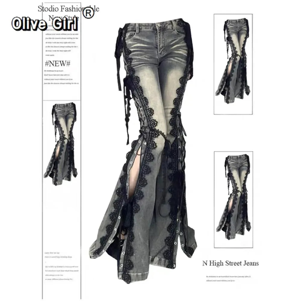 Low-Rise Lace-Up Flare Jeans with Vintage Wash and Black Lace Trim
