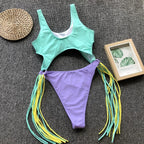 Patchwork Fringe Cut Out Rings Monokini