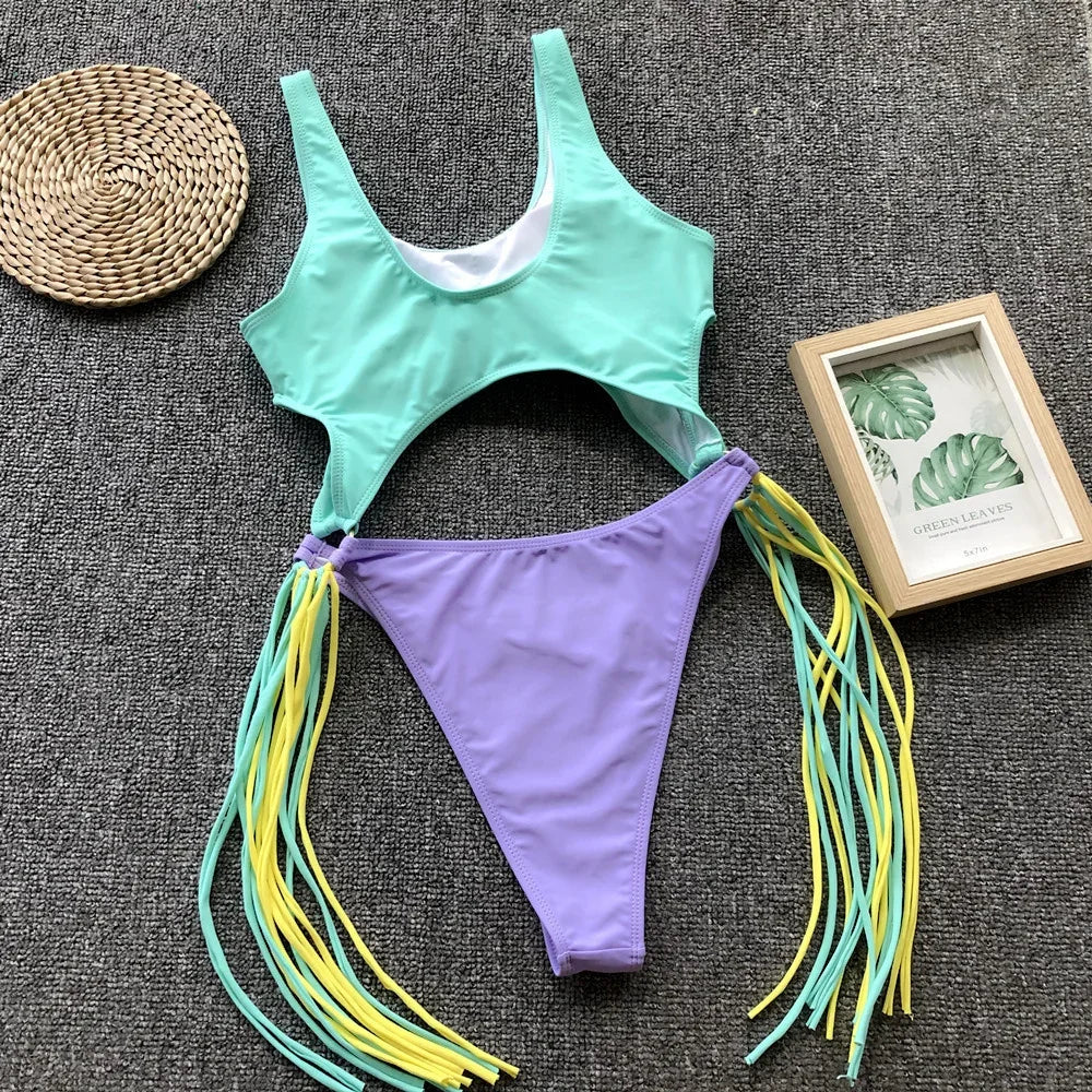 Patchwork Fringe Cut Out Rings Monokini