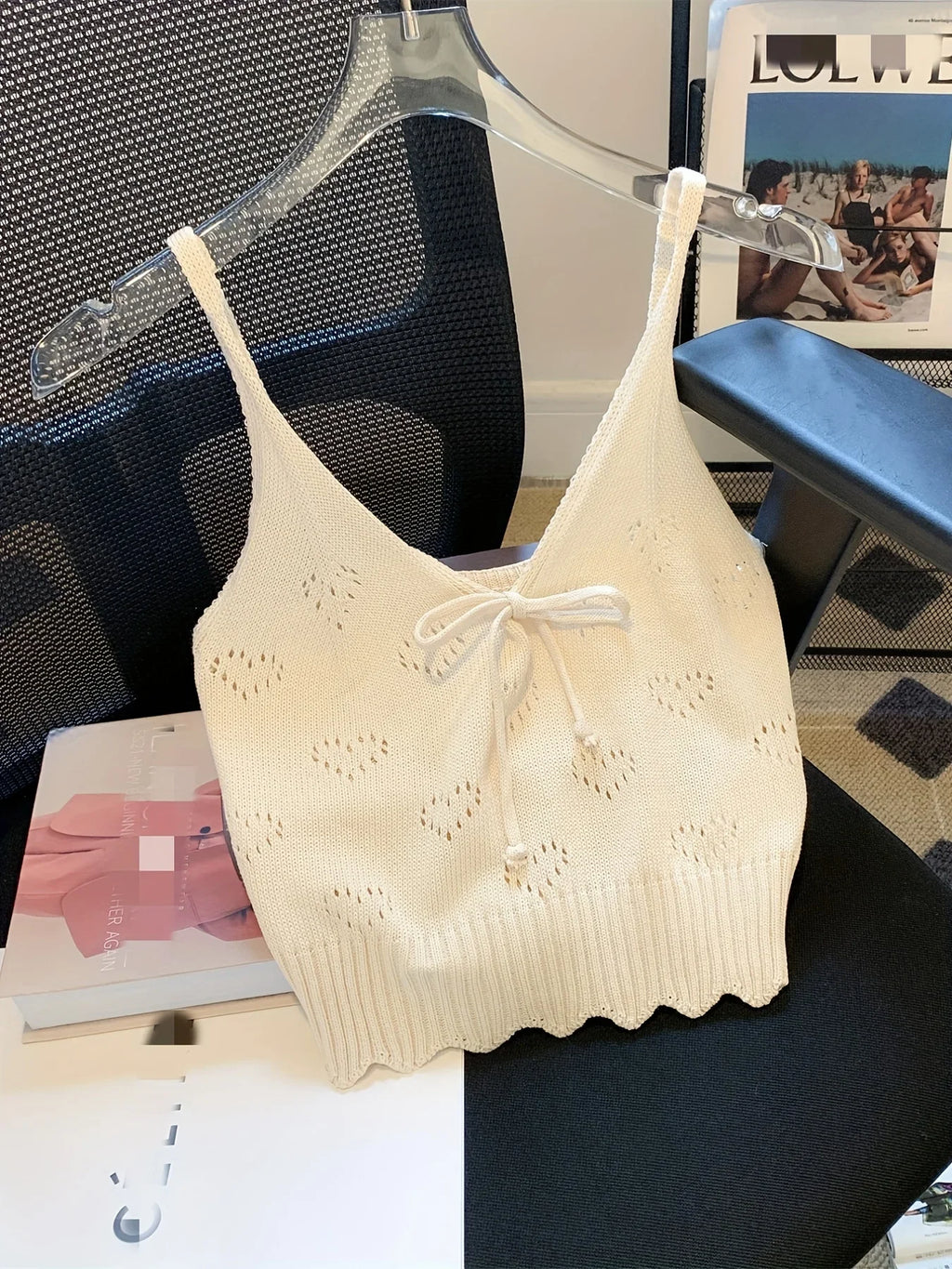 Solid V-Neck Eyelet Spaghetti Top