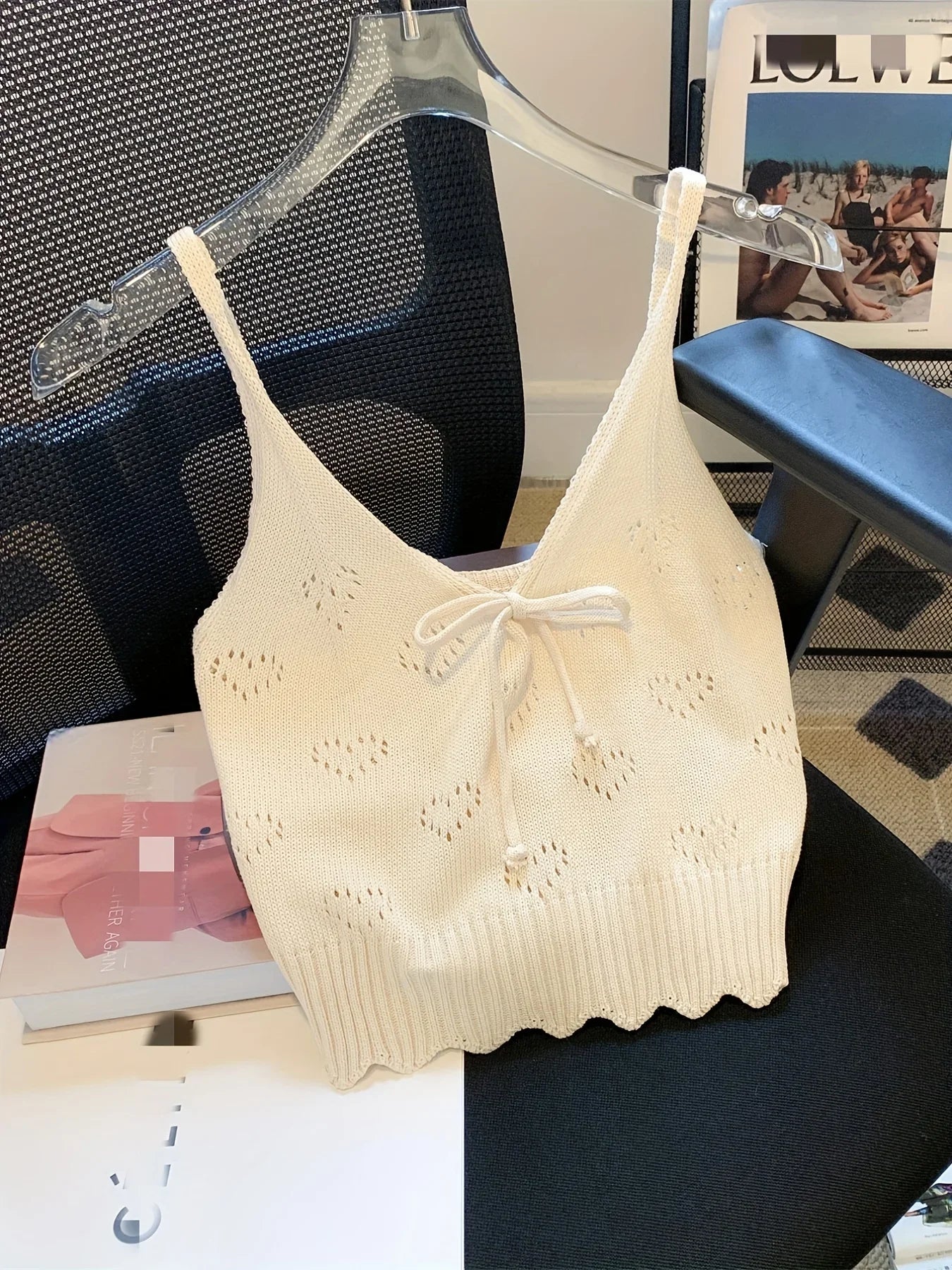 Solid V-Neck Eyelet Spaghetti Top
