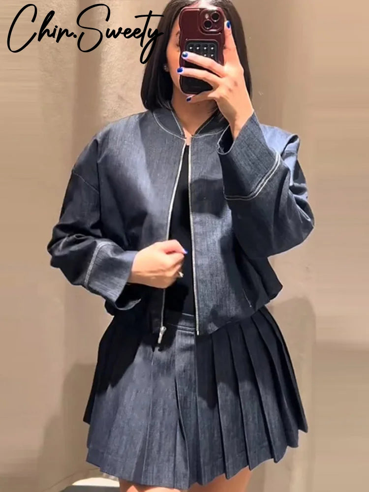 Denim Coat Mini Skirt Set