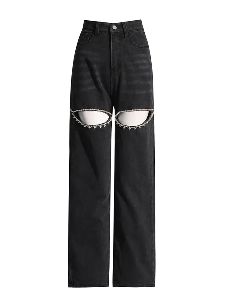 TWOTWINSTYLE Hollow Out Patchwork Diamonds Jeans