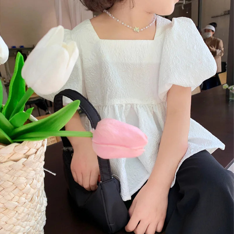 Bow Short Sleeve Sweet Square Neck Bubble Backless Top
