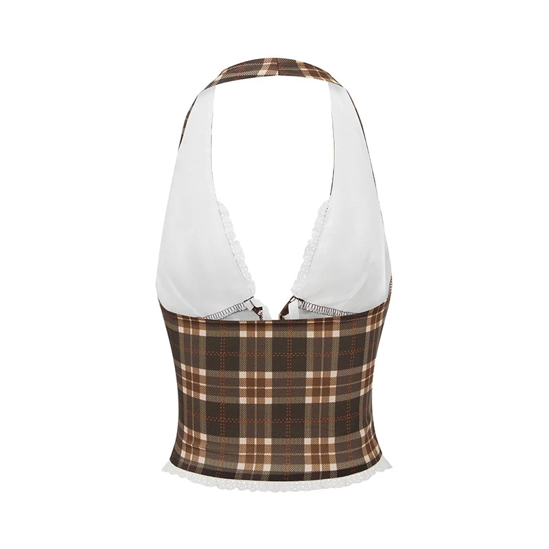 Halter V-Neck Plaid Waistcoat Slim Tank Top