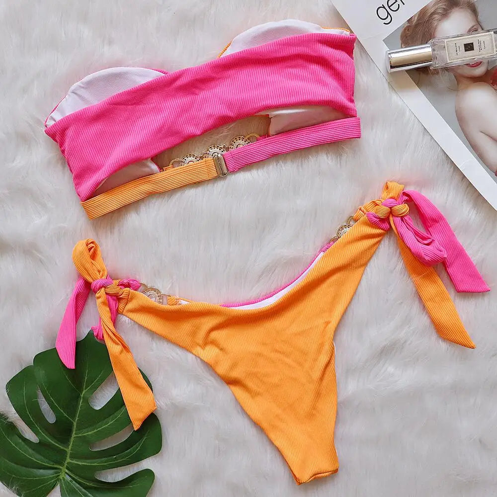 Patchwork Cut Out Rhinestone Bikini