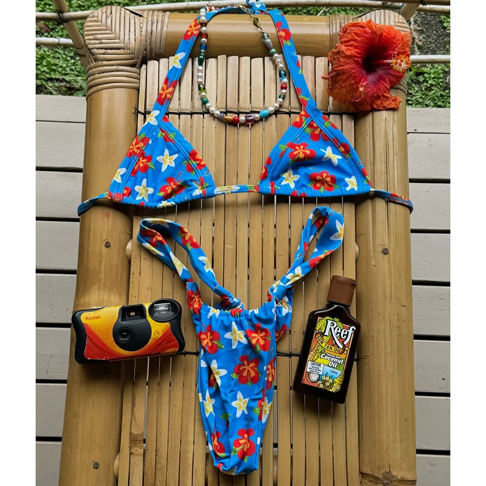 Gingham Bikini Set with Yellow Plumeria Floral Print