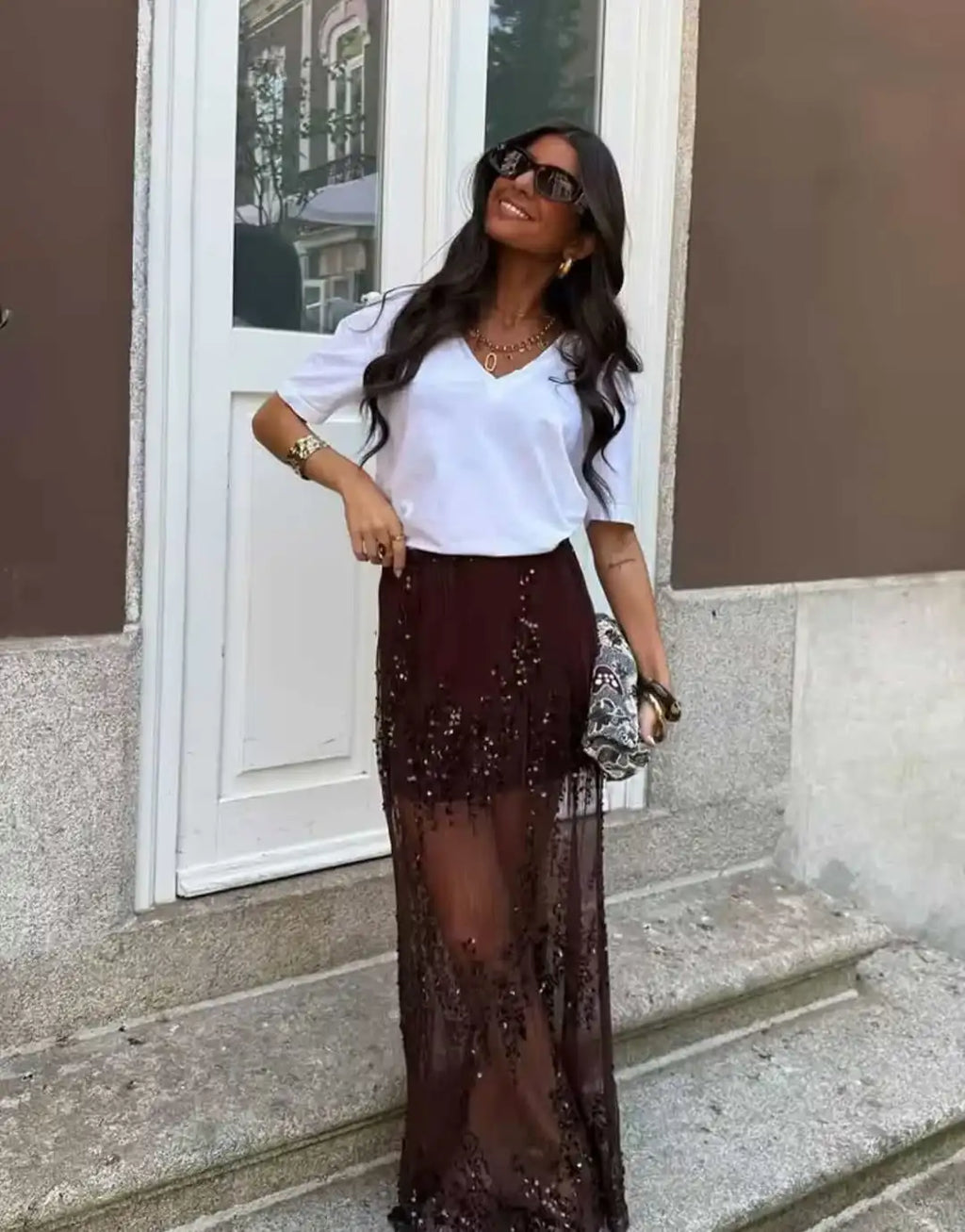 Sequin Patchwork Lace Long Skirt