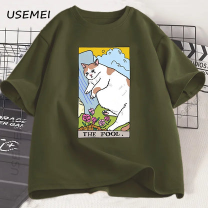 悲しい猫のミーム ザ・フール タロット Tシャツ メンズ レディース 魔女風ファッション 泣いている猫 Tシャツ カジュアル オーバーサイズ Tシャツ ストリートウェア