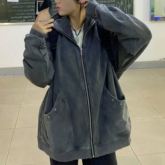 Hooded Pocket Zipper Solid Color Long Sleeve Coat