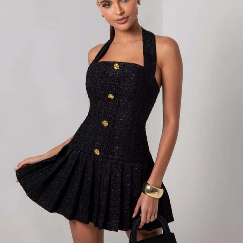 Tweed Halter Mini Dress with Gold Buttons