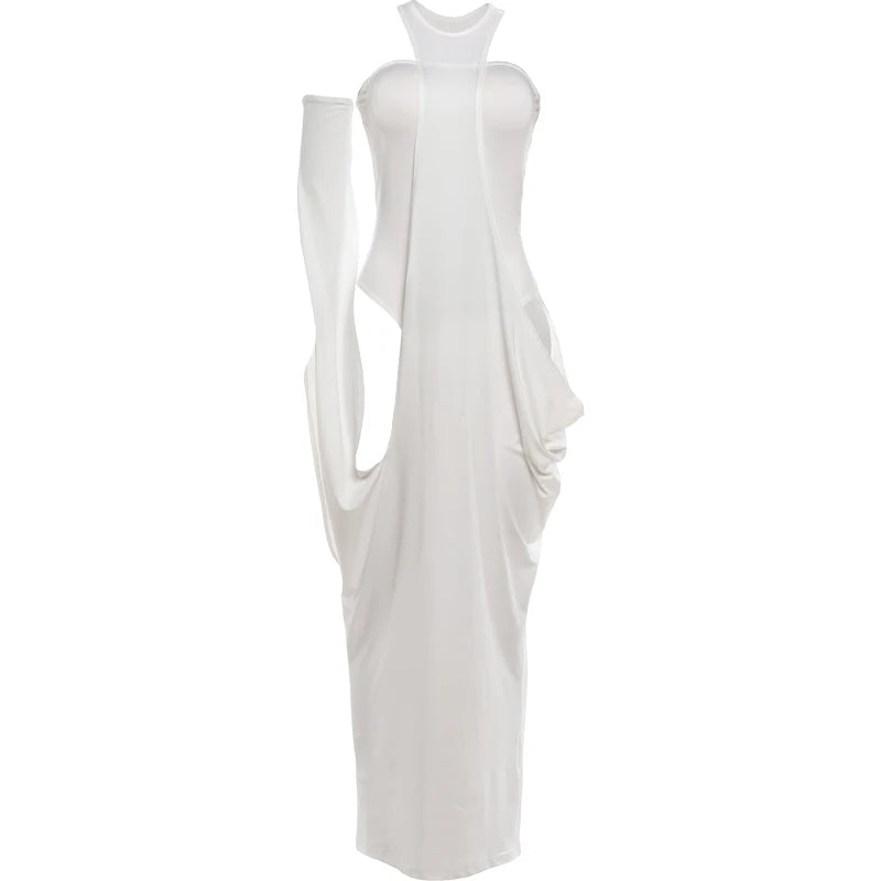 Kliou Wrap Chest Backless Skinny Bodysuits + Irregular Hollow Halter Long Dress Set