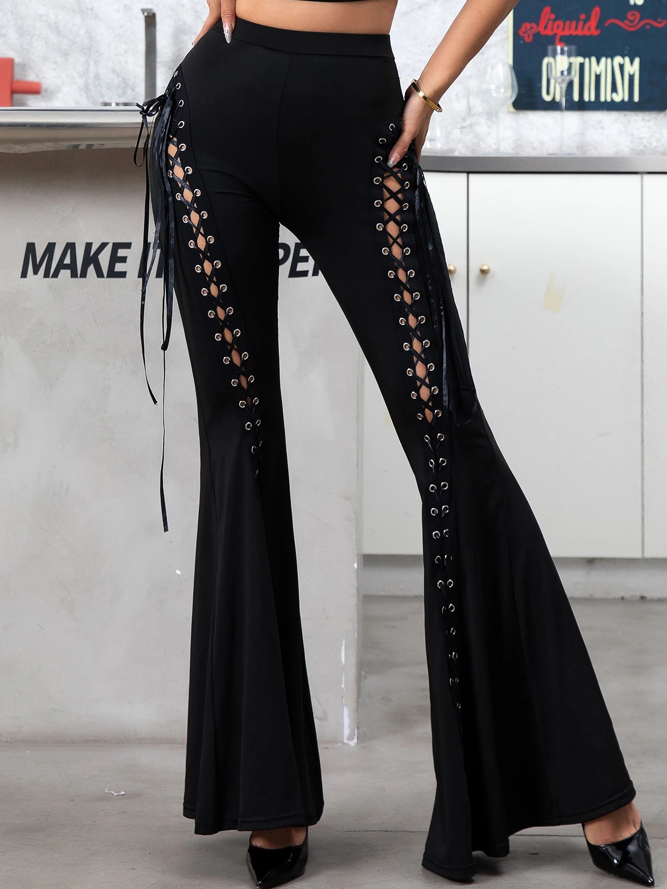 High Waisted Lace-Up Flare Pants