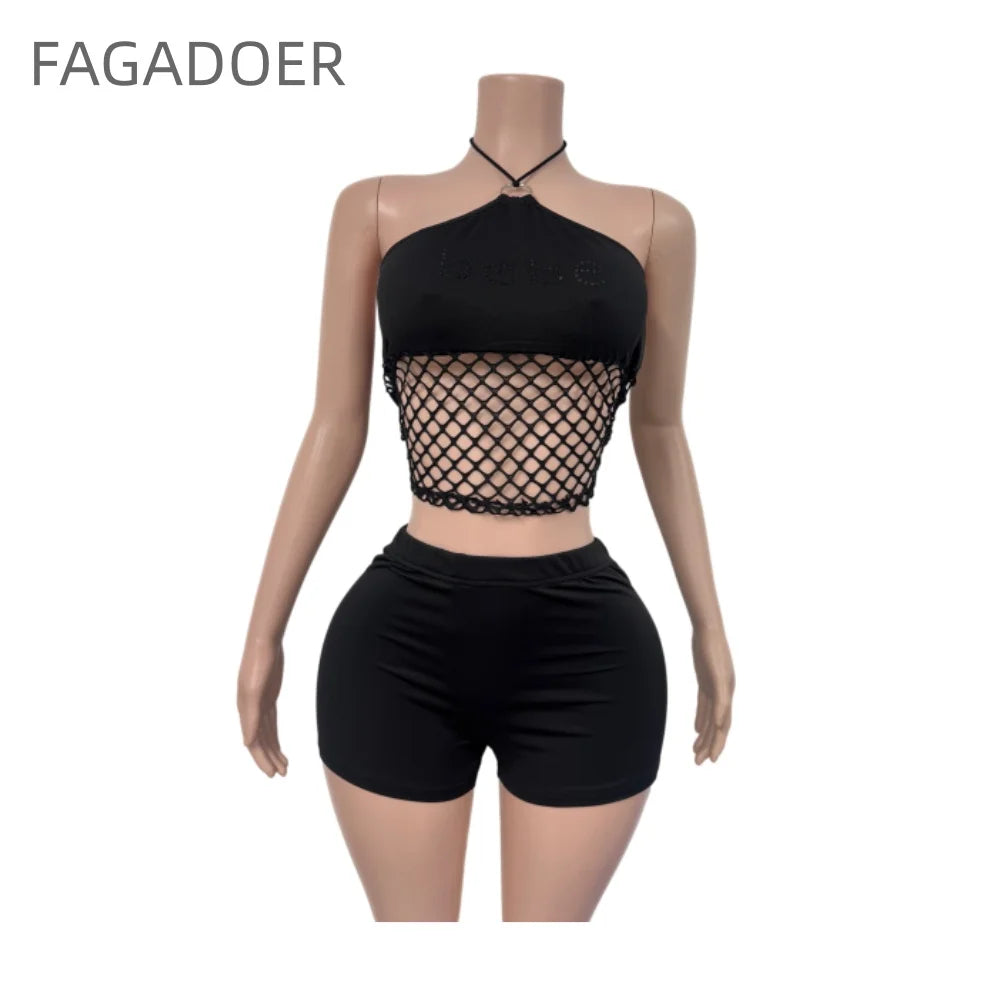 FAGADOER Lace Up Off Shoulder Two Piece Set