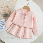 Flower Bow Knitted Cardigan + Short Skirt Set