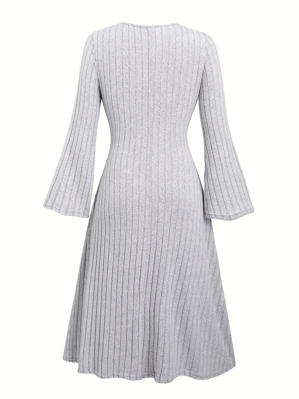 Elegant Flared Sleeve Ribbed V-Neck Dress