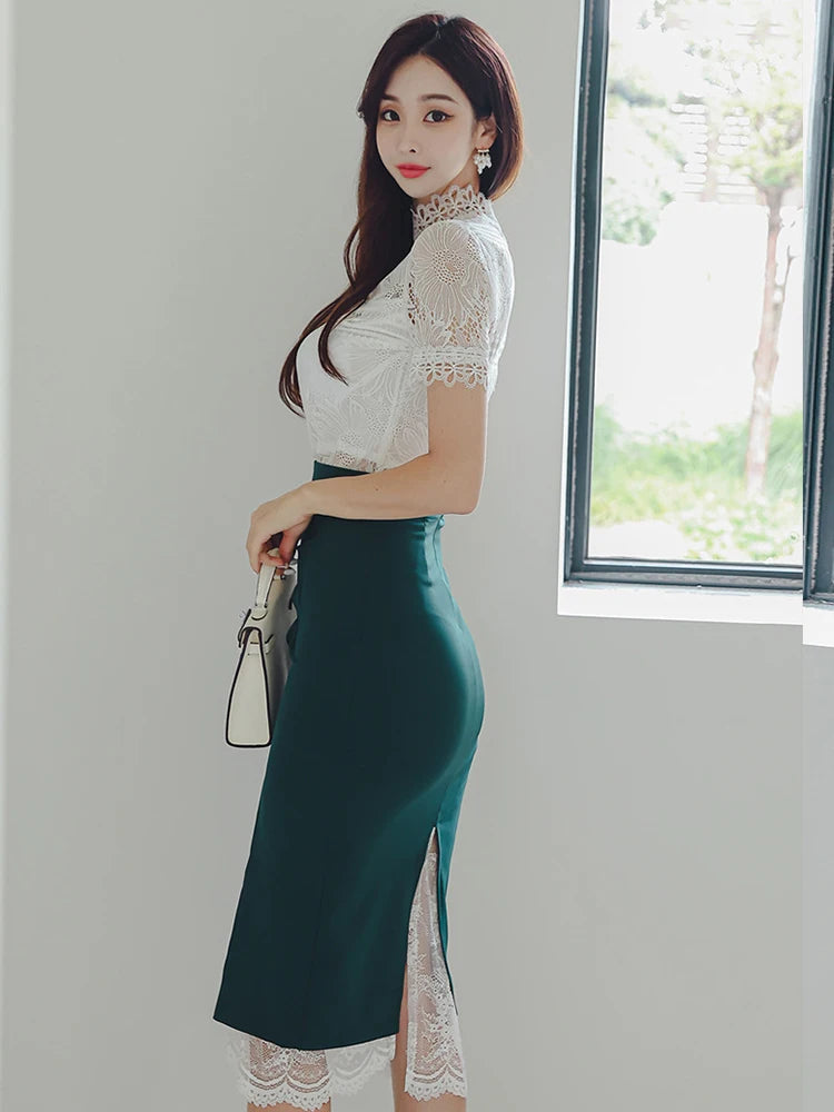 High-Neck Lace Short Sleeve Top and Emerald High-Waist Ruched Side-Slit Pencil Skirt with Floral Lace Panel Detail