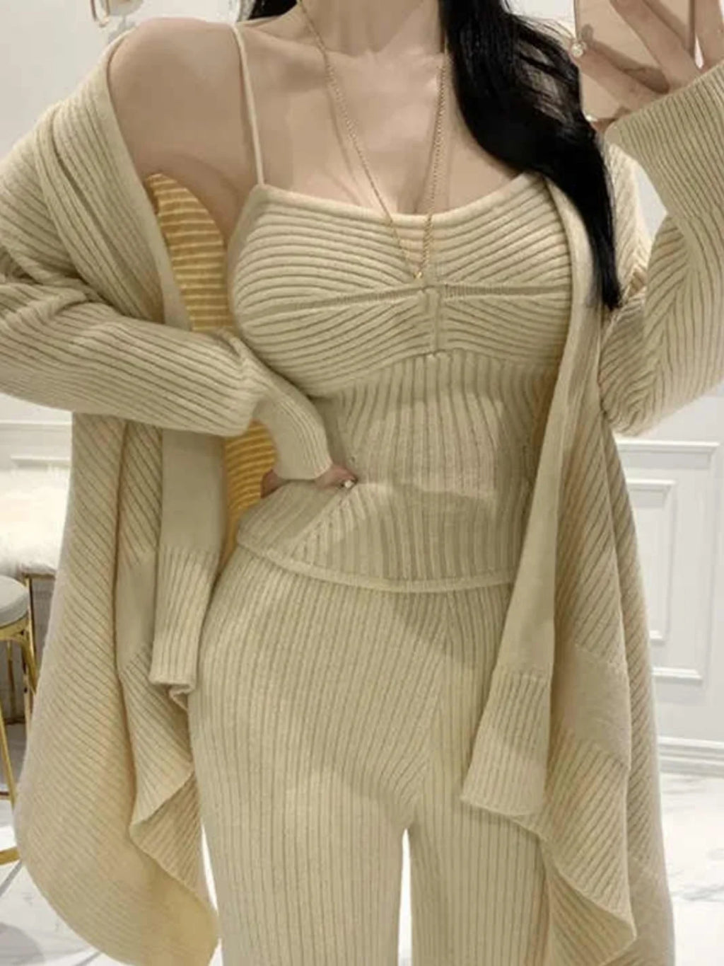 Knitted Sweater Cardigan High Waist Strap Vest Top Long Sleeve V-Neck Set