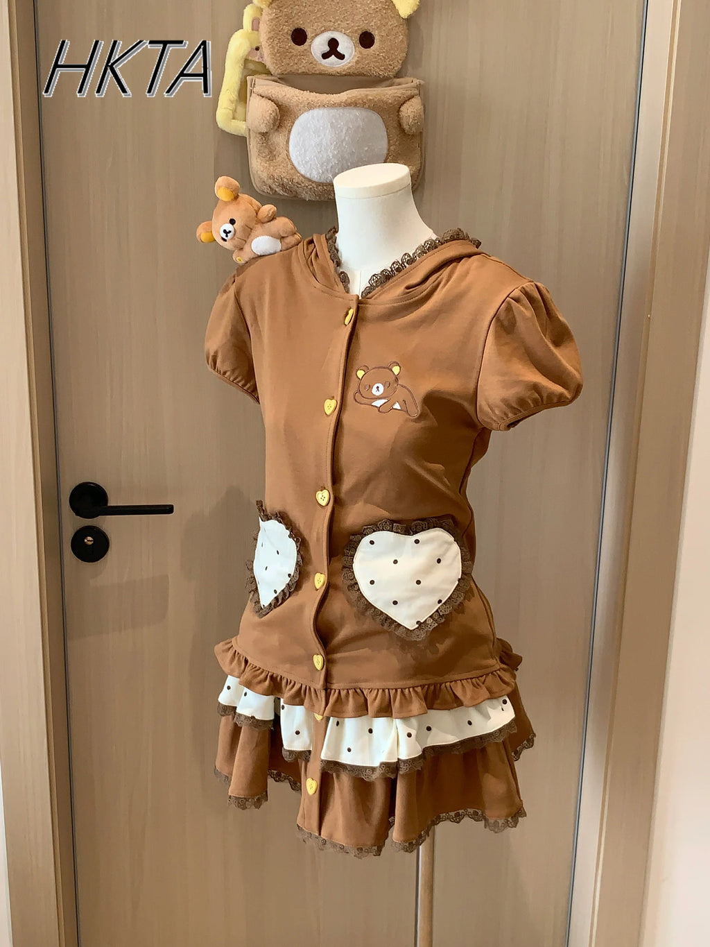 Embroidered Polka Dot Lace Hooded Bubble Short Sleeve Slim Brown Coat Cake Mini Skirts Set