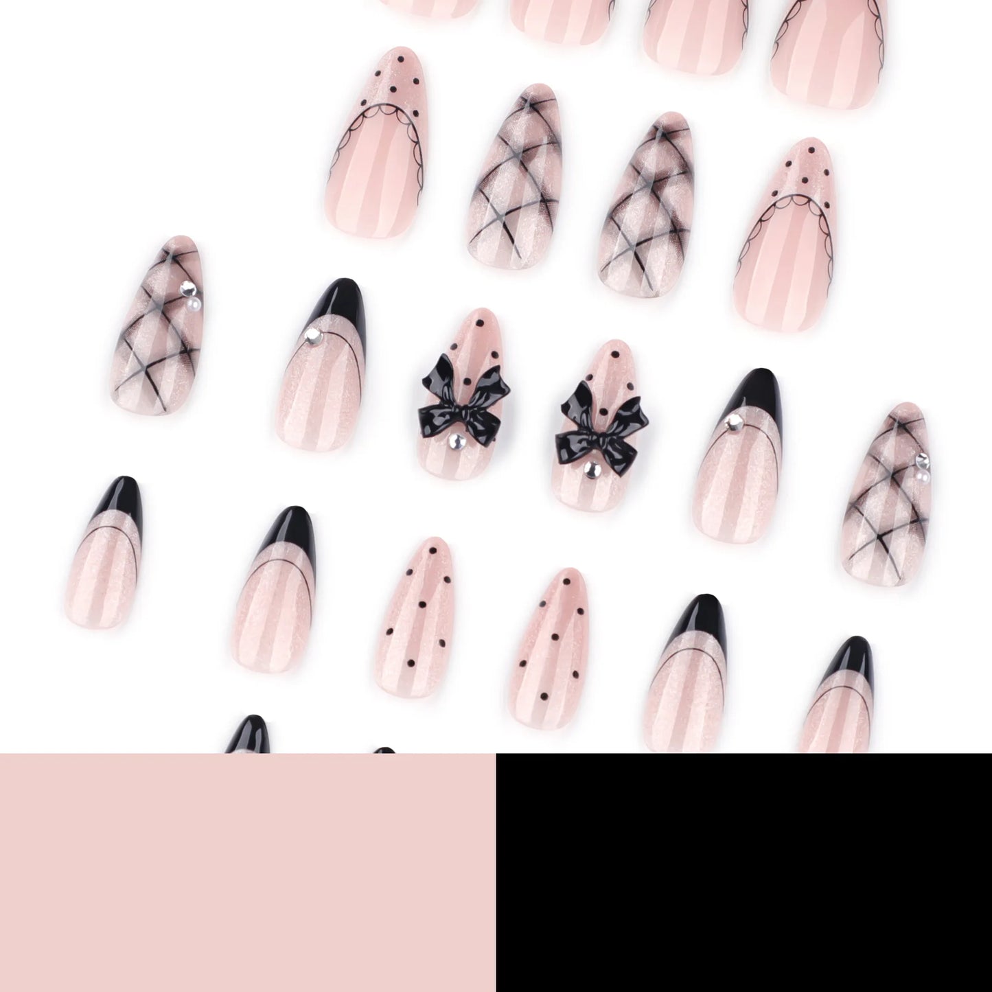 24pcs Gothic Style Black Bowknots Press On Nails Y2k Sweet Cool Cat's Eye False Nails French Style Almond Ballet Fake Nail Tips