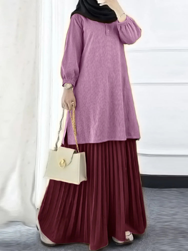 ZANZEA Autumn Muslim Two Piece Sets Women Outfits Casual Long Sleeve Long Tops Dress Sets Abaya Suit Dubai Hijab Tracksuit 2025