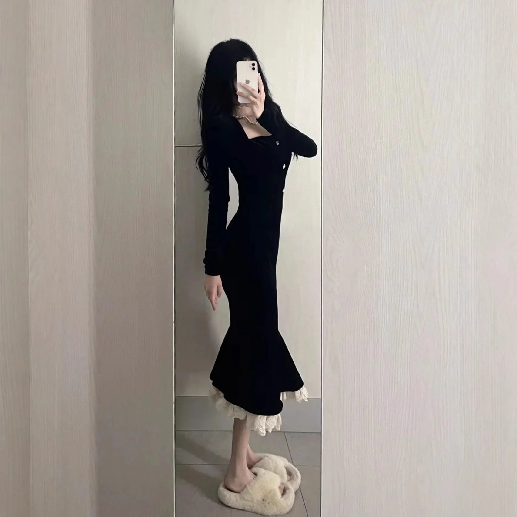 Square Collar Black Velvet Fish Tail Dress