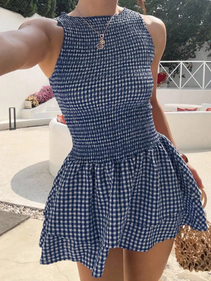 Basic Collar Plaid Sleeveless Puffy Dress