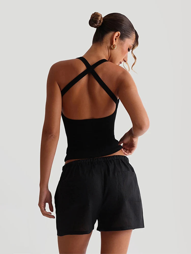 Ribbed Casual Tank Tops Woman Low-Neck Cross Strap Skinny Backless Navel Exposed Hot Girls High Street Style Classic Tops