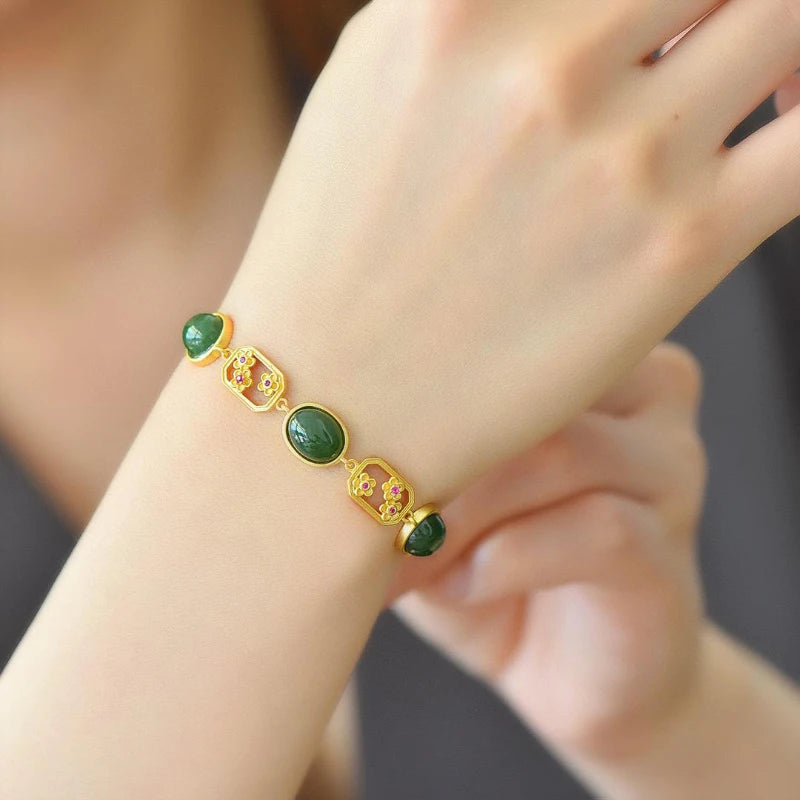 Natural Hetian Jasper White Jade Flower Bracelet