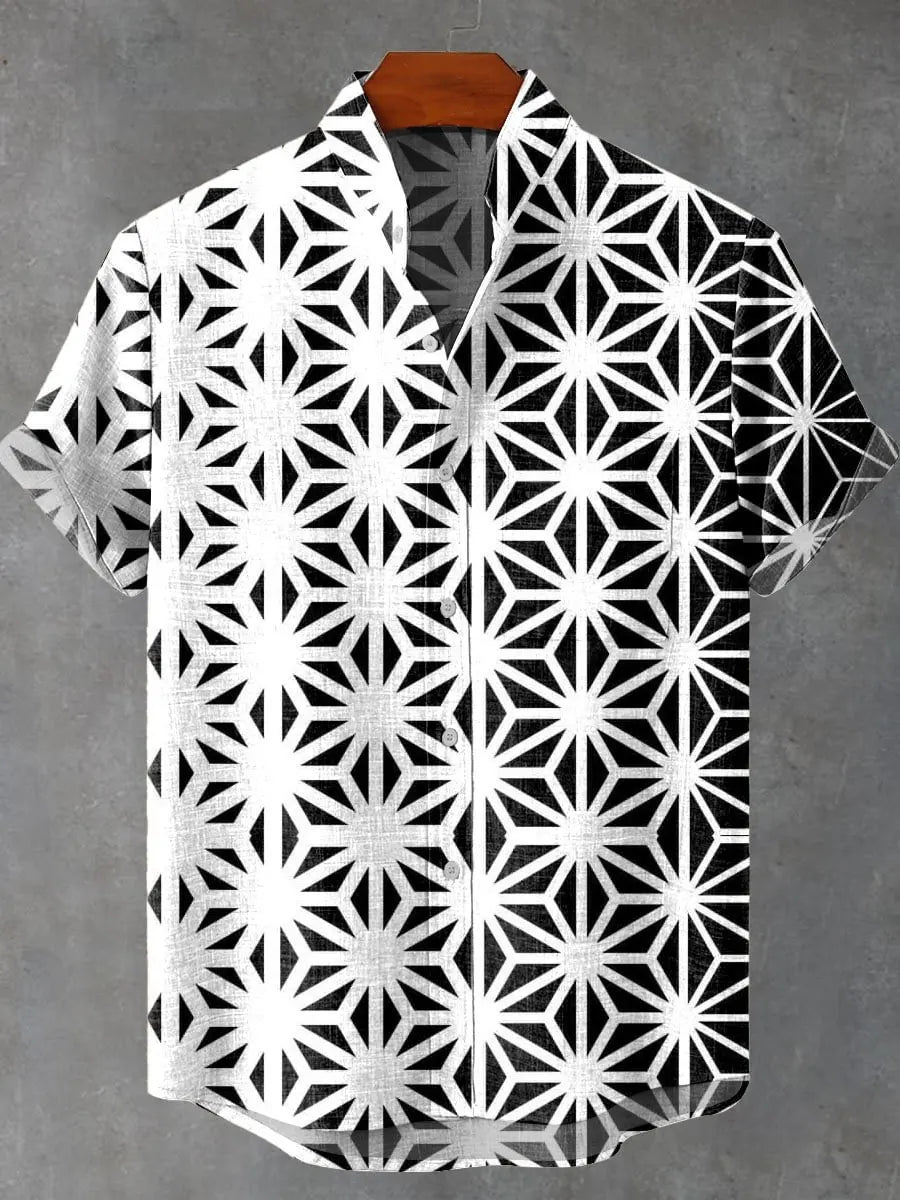 Pattern Printed Summer Comfortable Linen Short Sleeve Shirt