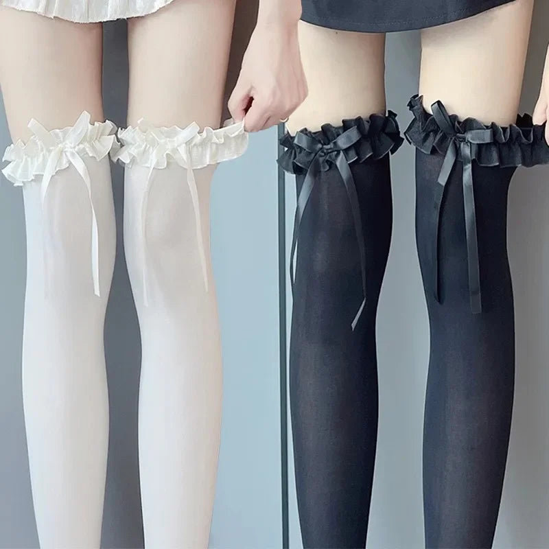 Lace Bow Thigh High Socks