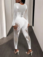 FHSEER Sheer Mesh Long Sleeve Hollow Out Bodycon Jumpsuit