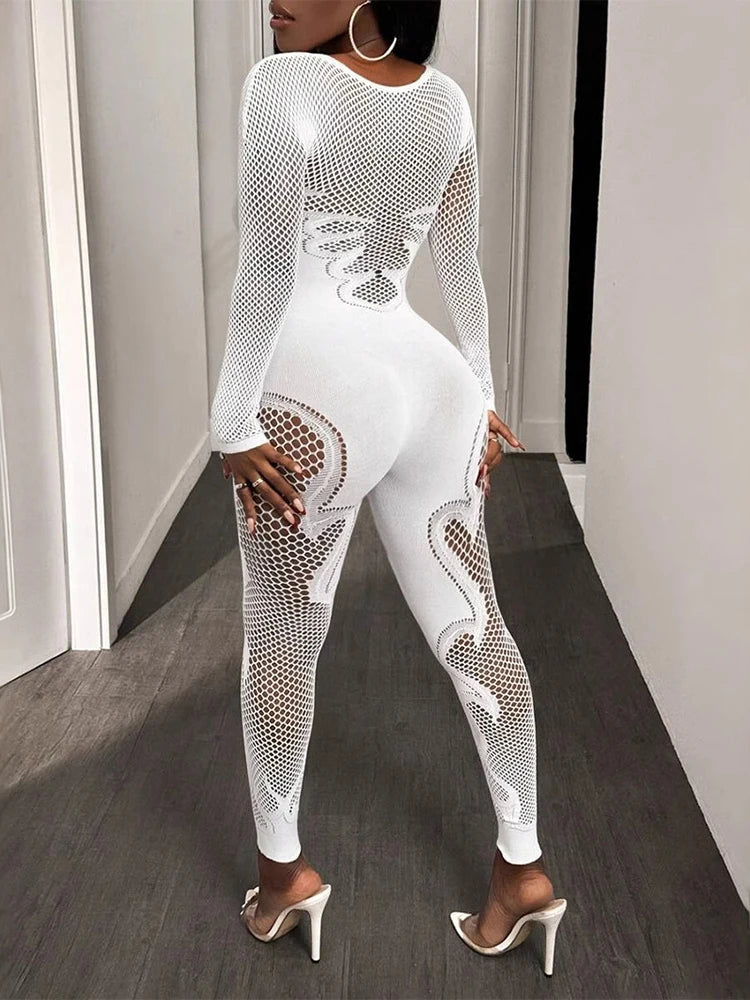 FHSEER Sheer Mesh Long Sleeve Hollow Out Bodycon Jumpsuit