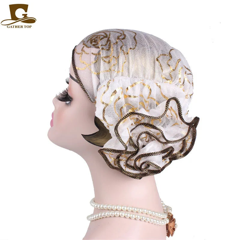 2025 Spring New Large Flower Turbans For Women Beauty Yarn Plate Jacquard Headwrap Lace Hat MuslimTurban Caps Islamic Headwear
