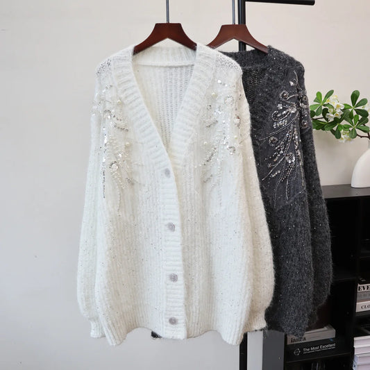 Knitted V Neck Sequins Cardigan