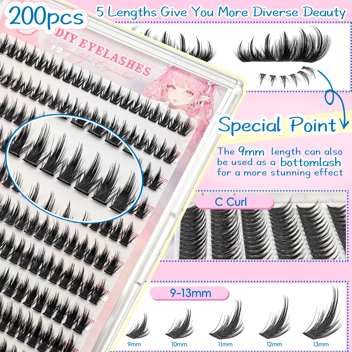 10 Rows of 200 Clusters of Self-Adhesive False Eyelashes, Makeup Eyelashes, Extending Soft Eyelashes, 9-13mm (MIX)