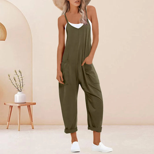 Solid Sleeveless V Neck Overalls with Slip Pockets
