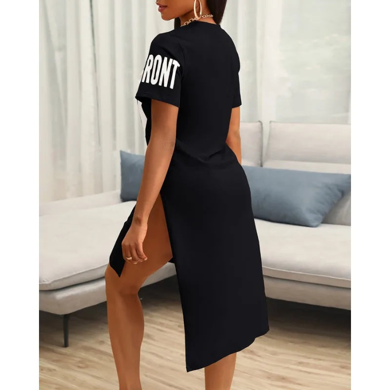 Round Neck Short Sleeve Split Loose Dress