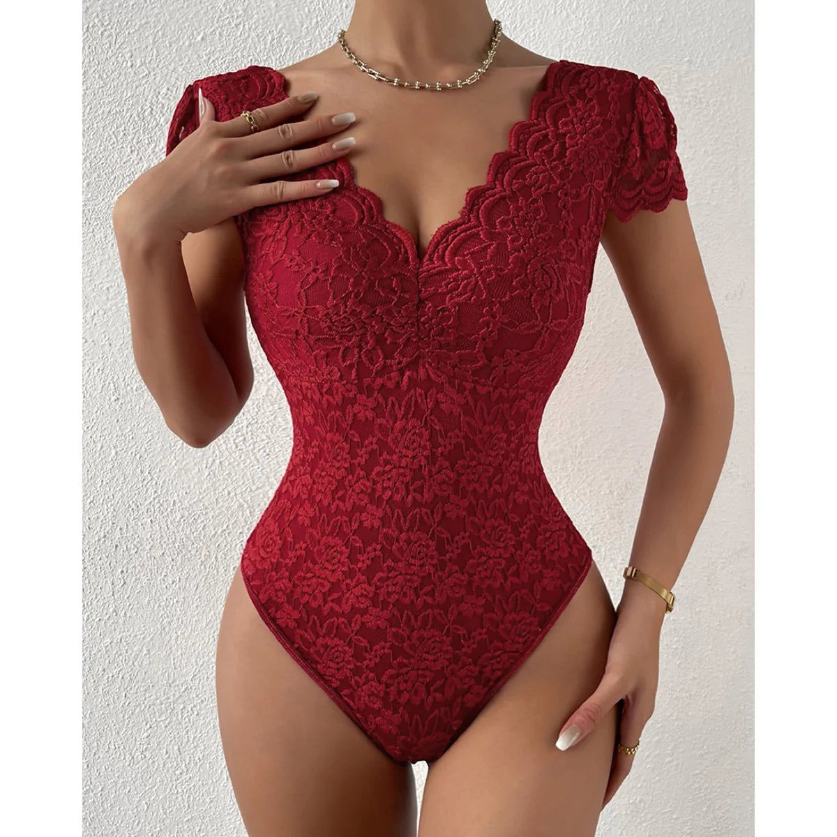Embroidery Floral Contrast Lace Teddy Bodysuit